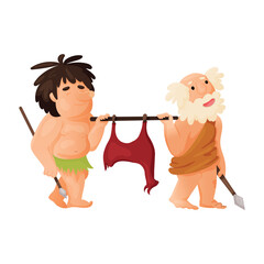 A caveman painting rock art, a female Neanderthal in hide clothing painting on a rock. Vector character in cartoon style on white background