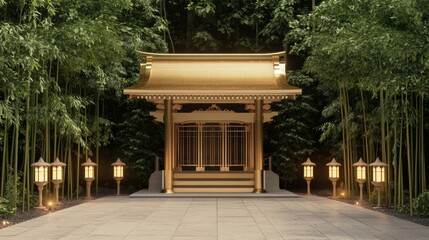 Obraz premium A 3D model of a traditional Shinto shrine with gold accents, surrounded by bamboo trees and lanterns