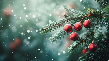 Bright holiday greeting card featuring decorated fir tree branch with red and green ornaments snowflakes in the background minimal festive winter theme