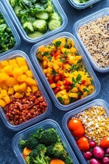 Colorful assortment of fresh vegetables and fruits in meal prep containers, showcasing a healthy lifestyle.