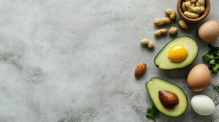 Healthy weight loss ingredients including avocado, eggs, and nuts. No people, ample space for text