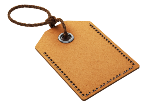 Brown paper tag with string, isolated on white background for graphic design. transparent background