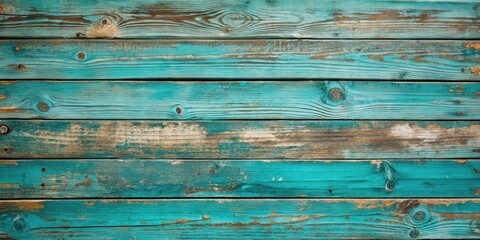 A rustic turquoise wooden background with peeling paint from long horizontal boards