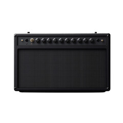Black guitar amplifier with multiple knobs and settings on transparent background