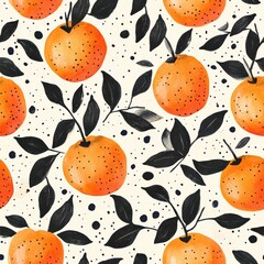 Watercolor pattern featuring orange fruits with black leaves on a light background, creating a playful and artistic design.