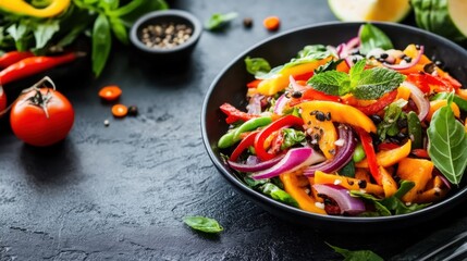 Fresh Colorful Papaya Salad in a Black Bowl