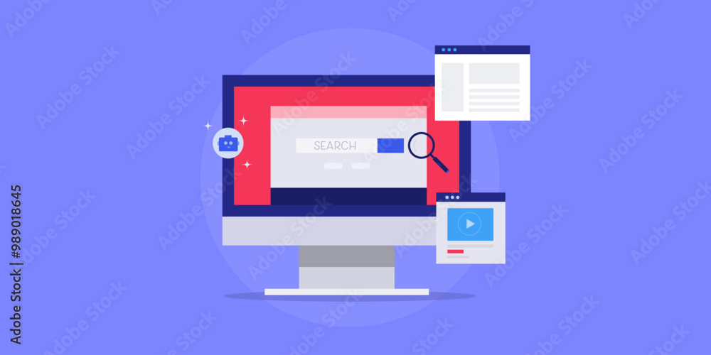Poster searching content on internet using ai virtual assistant. information technology e-business concept,