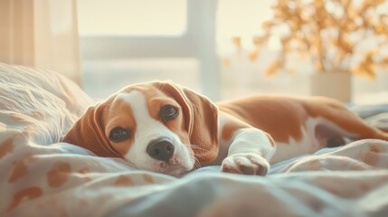Cute beagle puppy lying on a cozy bed in a sunlit room, creates a warm and peaceful atmosphere. Perfect for pet lovers and home decor themes.