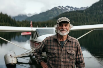 Veteran pilot stands next to a seaplane in front of a stunning lake with mountainous backdrop, representing exploration and the rugged beauty of nature.