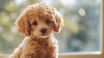 Cute curly-haired puppy with a curious expression sitting indoors with sunlight streaming in through the window.