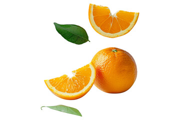 Refreshing of whole Oranges and sliced flying in the air with leaves isolated on background, popular fruit that refreshing citrus aroma and high vitamin c.