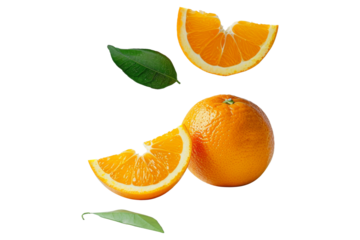 Refreshing of whole Oranges and sliced flying in the air with leaves isolated on background, popular fruit that refreshing citrus aroma and high vitamin c.