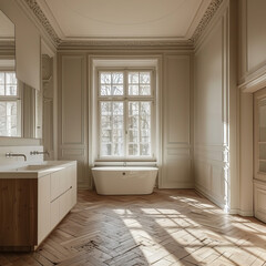 Fototapeta premium A simple, spacious bathroom in 19th century mansion features elegant design elements, natural light streaming through large windows, and stylish freestanding bathtub