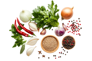 Top view of spices and herbs including of fresh Garlic cloves, onion, peppers, coriander and other isolated on background, mix various spices ingredient.