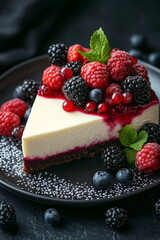 A dessert slice of raw vegan cheesecake with fresh berries and a drizzle of fruit sauce