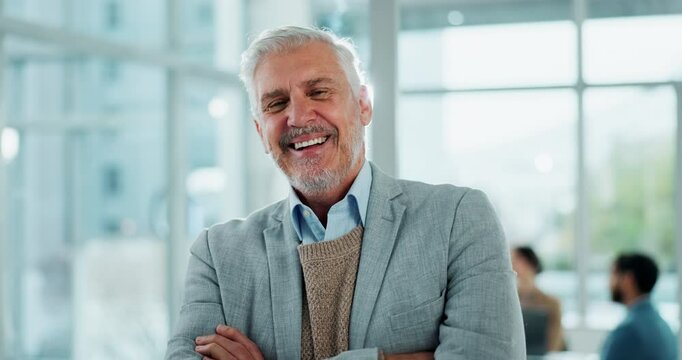 Business, office and face of mature man with smile, confidence or advisor at project management agency. Happy portrait, businessman or consultant with professional opportunity, pride and arms crossed