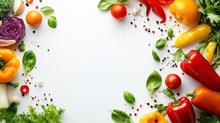 Top view of a colorful salad with cherry tomatoes, cucumbers, and lettuce, leaving space for text or branding