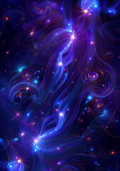 Vibrant abstract digital art featuring swirling blue and purple light trails, sparkling stars, and cosmic elements, creating mesmerizing and dreamy atmosphere