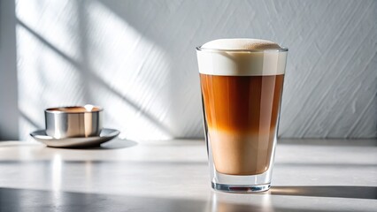 Sleek tumbler holds cold brew nitro tea with velvety foam on white background, morning sunlight casting subtle shadows