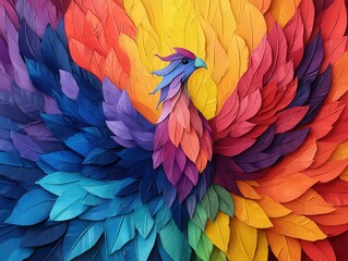 Obraz premium Vibrant phoenix made from colorful leaves, symbolizing rebirth and creativity, perfect for artistic projects.