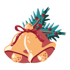 Two Christmas golden bells with fir branch vector cartoon illustration.