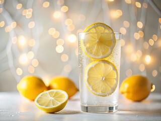 Fresh slice of lemon floats on top of fizzy lemon-infused water in modern clear glass surrounded by pure white emptiness with a touch of warm glow evoking refreshing summer vibes in minimalist style.