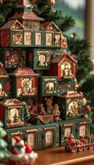 Intricately Designed Christmas Advent Calendar with Festive Decorations and Numbered Doors