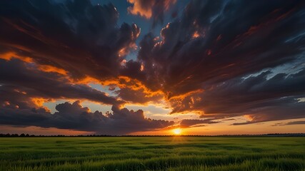 Obraz premium Sunset over the field - Captivating 4K time-lapse_ majestic sunrise sunset landscape with stunning nature's light and rolling colorful clouds