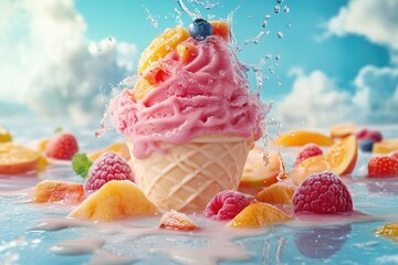 Vibrant summer dessert display with colorful ice cream and fresh fruits in a sunny sky
