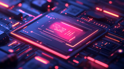 Fototapeta premium Futuristic microchip with glowing red neon circuits, powerful computer processor on motherboard, high tech hardware background for cyber security