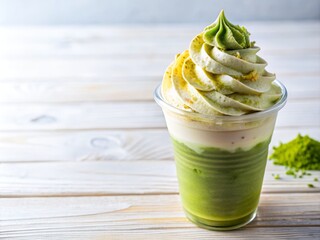 Clear cup holds vibrant frappuccino with creamy whipped cream swirl and matcha powder topping on isolated white background under soft natural light.