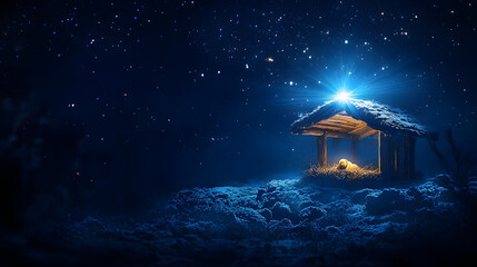 Nativity scene. Christian Christmas concept. Birth of Jesus Christ. Wooden manger in dark blue night. Banner, copy space. Jesus is reason for season. Salvation, Messiah, Emmanuel, God with us, hope