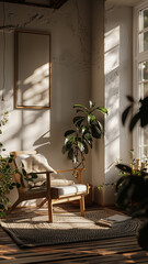 A cozy living room featuring comfortable chair, natural light streaming through windows, and lush greenery. warm atmosphere invites relaxation and tranquility