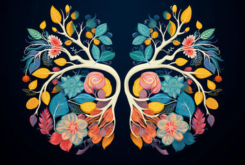 Human lungs made of tree branches and flowers , anatomy, respiratory system, nature