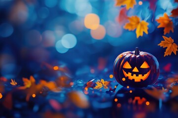 Naklejka premium A glowing jack-o'-lantern amidst swirling autumn leaves on a spooky Halloween night