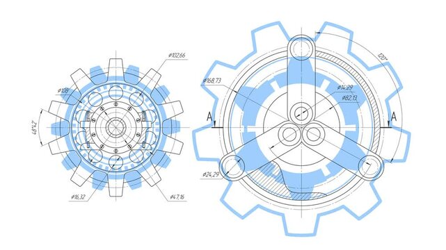 Rotating gears.Technology background.Technical drawing of gear .Mechanics video.	