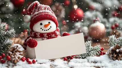 Christmas greeting card template featuring snowman holding a blank banner surrounded by snowflakes and pine trees festive winter atmosphere Happy New Year mockup with vibrant holiday colors