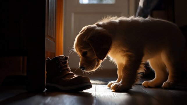 Golden retriever puppy curiously sniffing a boot indoors, illuminated by warm sunlight from a nearby door.