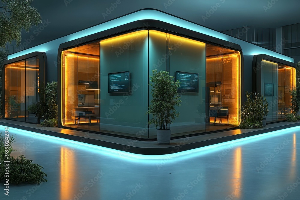 Poster a modern community center with multi-purpose spaces designed to support newcomers depicted in a brig