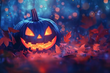 Naklejka premium A glowing jack-o'-lantern illuminates a mysterious autumn night filled with fallen leaves