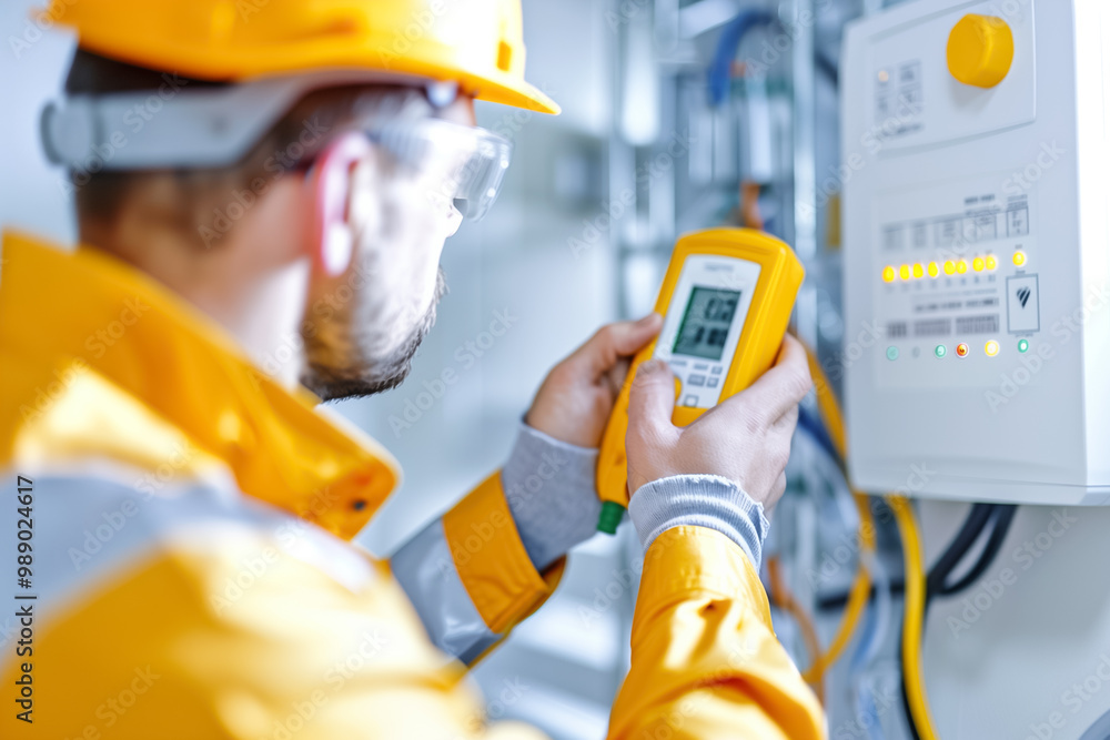 Poster an electrician in a bright environment is using a voltage measuring device while inspecting the elec