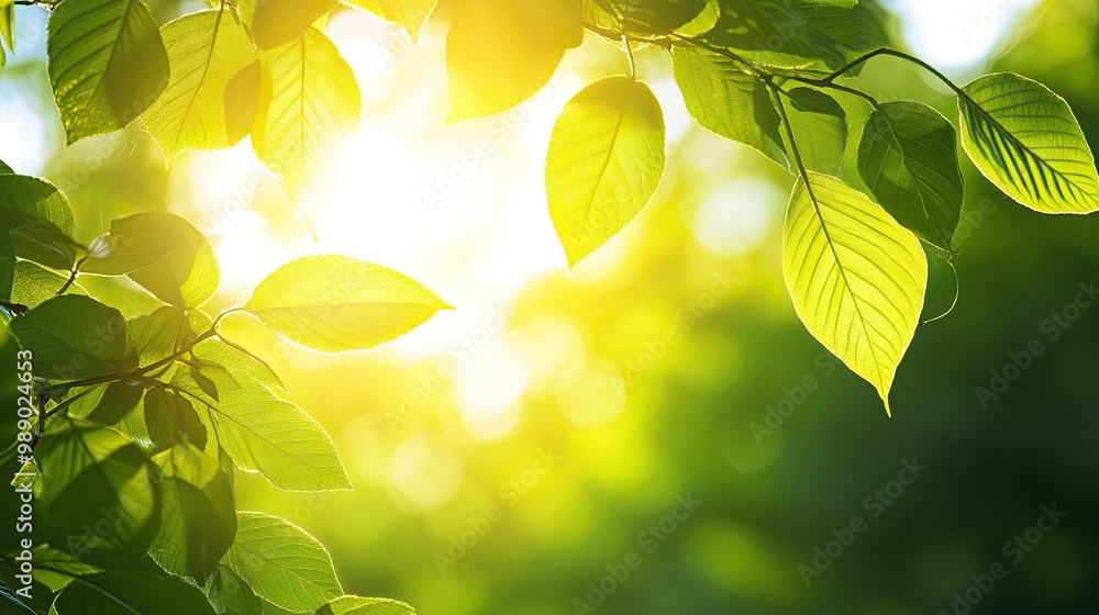 Poster warm sunlight filtering through tree leaves, creating a natural glow with ample copy space for text 