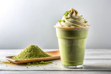Delicate green tea powder dusts the whipped cream topping a rich matcha frappuccino in a clear cup, set against a pristine white background, illuminated by a softbox of gentle, creamy light