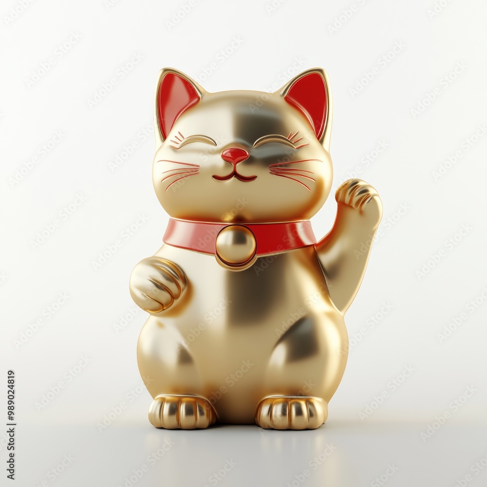 Poster a stylized 3d rendering of a lucky cat figurine in gold and red, isolated on a clean white backgroun