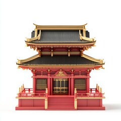 Fototapeta premium A stylized 3D model of a Japanese temple with intricate gold detailing on a bright red foundation, isolated on a white background