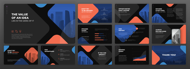 Creative Powerpoint presentation template set. Modern Keynote presentation background, brochure cover design, brand guidelines, proposal presentation, annual report, company profile, pitch deck.