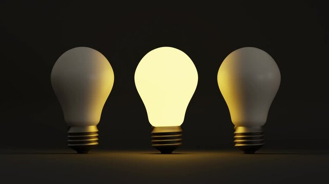 3d animation of a glowing lightbulb stand out from turn off light bulbs on dark background