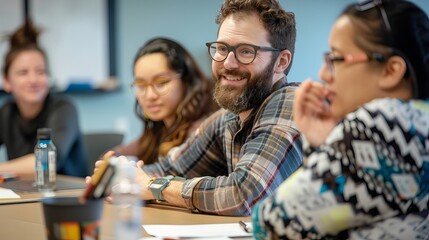 Obraz premium People involved in a workshop session, gathered around a table and sharing ideas, capturing the essence of teamwork and collective learning in a productive environment