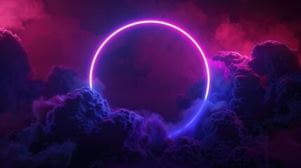 Abstract 3D Background. Neon Light Ring Illuminating Cloud Shapes on Dark Sky