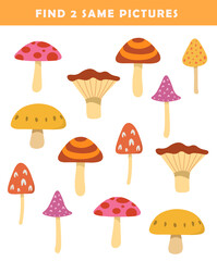 Find 2 same pictures. Puzzle game for children. Preschool worksheet activity for kids. Educational game with cute mushroom illustration.